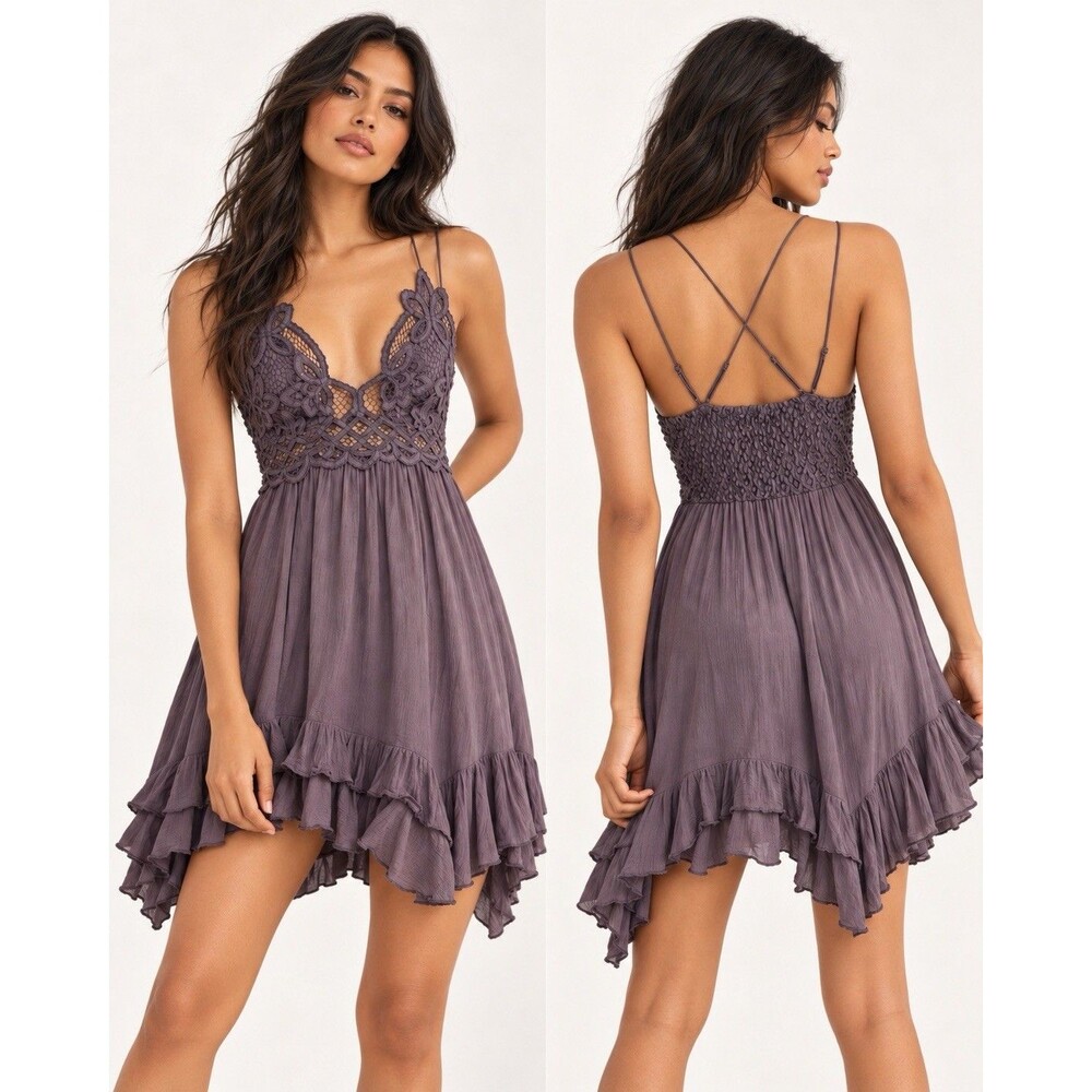 Free people FP One Adella Slip Mini Dress Crochet Lace Bodice Ruffle Fairy XS